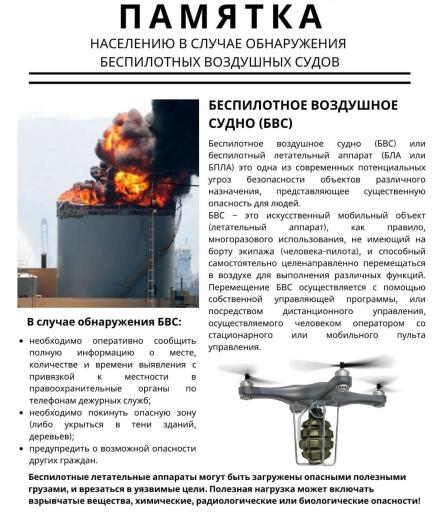 Памятка населению в случае обнаружения БПЛА