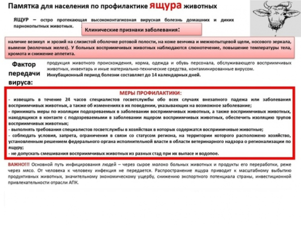 Информационная памятка для населения для предотвращения возникновения заразных заболеваний животных